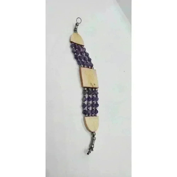 Amethyst & Sterling Silver Bead Bracelet With Resin Accents Multi Strand Vintage - Picture 6 of 10